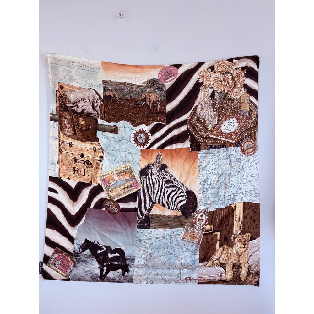 Ralph Lauren Silk Scarf Safari Zebra Lion‎ Elephant Vintage Travel Collage Italy